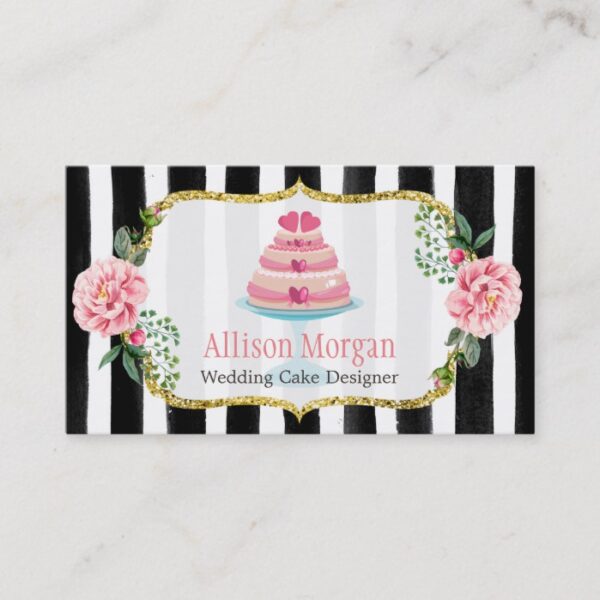 Wedding Cake Design Gold Pink Floral Striped Business Card
