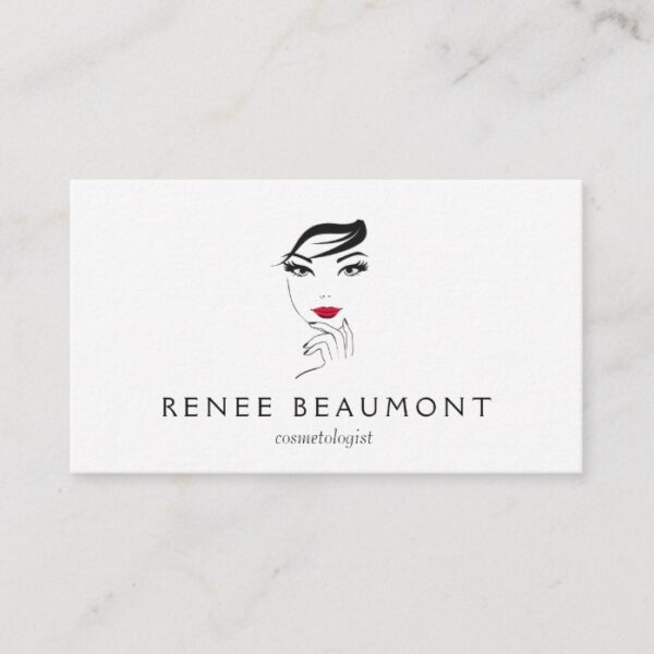 Woman's Face with Red Lips Elegant White Business Card